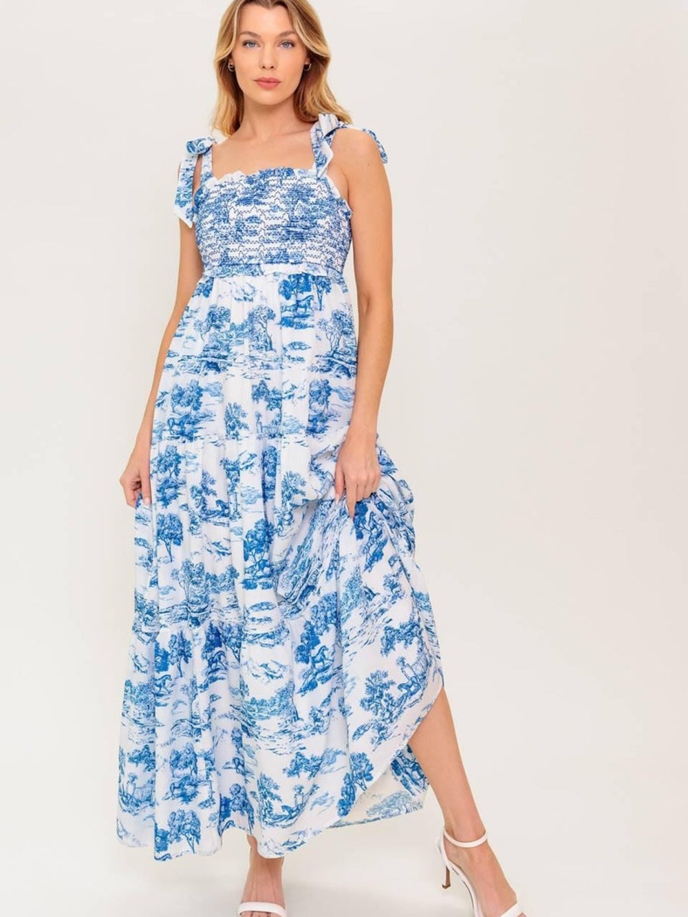 When in Rome Flying Tomato Blue and White Smocked Sundress with Tie Straps M